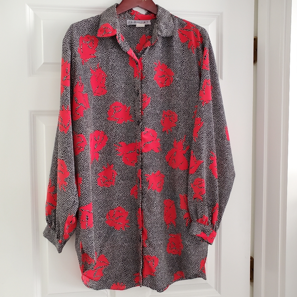 80s Vintage • Polkadot + rose button down tunic